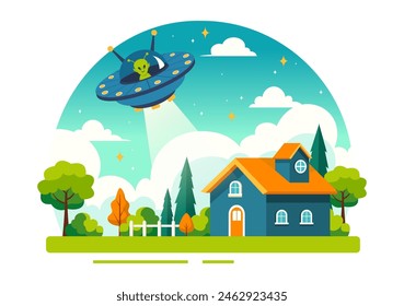 UFO Flying Spaceship Vector Illustration with Rays of Light in Sky Night City View, Abducts Human and Alien in Flat Kids Cartoon Background Design