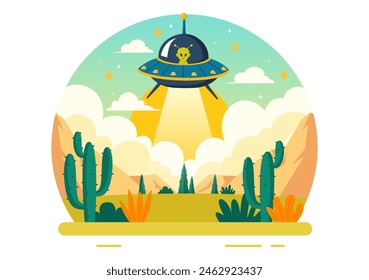 UFO Flying Spaceship Vector Illustration with Rays of Light in Sky Night City View, Abducts Human and Alien in Flat Kids Cartoon Background Design