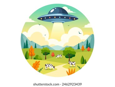 UFO Flying Spaceship Vector Illustration with Rays of Light in Sky Night City View, Abducts Human and Alien in Flat Kids Cartoon Background Design