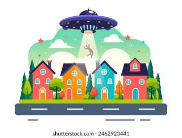 UFO Flying Spaceship Vector Illustration with Rays of Light in Sky Night City View, Abducts Human and Alien in Flat Kids Cartoon Background Design