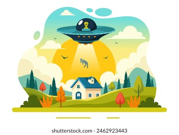 UFO Flying Spaceship Vector Illustration with Rays of Light in Sky Night City View, Abducts Human and Alien in Flat Kids Cartoon Background Design