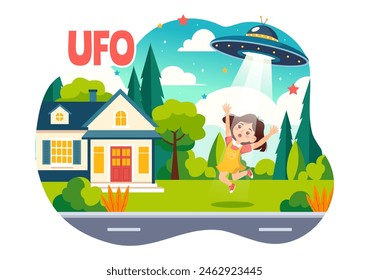 UFO Flying Spaceship Vector Illustration with Rays of Light in Sky Night City View, Abducts Human and Alien in Flat Kids Cartoon Background Design