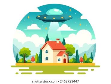 UFO Flying Spaceship Vector Illustration with Rays of Light in Sky Night City View, Abducts Human and Alien in Flat Kids Cartoon Background Design