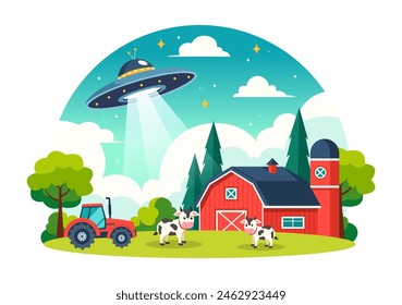 UFO Flying Spaceship Vector Illustration with Rays of Light in Sky Night City View, Abducts Human and Alien in Flat Kids Cartoon Background Design