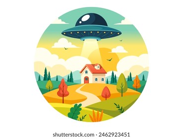 UFO Flying Spaceship Vector Illustration with Rays of Light in Sky Night City View, Abducts Human and Alien in Flat Kids Cartoon Background Design