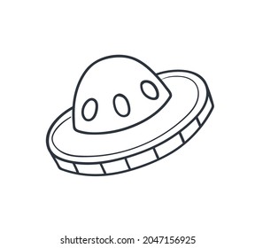 UFO flying spaceship. Vector linear illustration in doodle style.