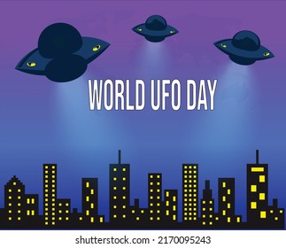 Ufo flying spaceship. World UFO Day. Flying saucer. Unidentified Flying Object, City Landscape Vector Design Style