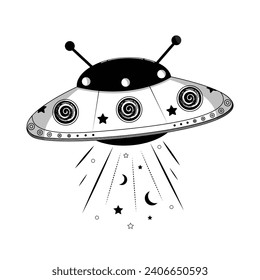 Ufo flying spaceship. World UFO Day. Flying saucer. Vector.Stars and moon.