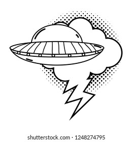 ufo flying with speech bubble pop art style