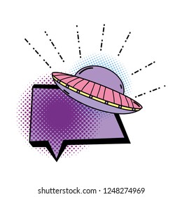 ufo flying with speech bubble pop art style