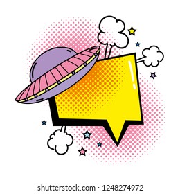 ufo flying with speech bubble pop art style