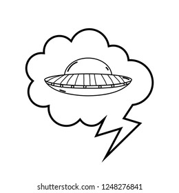 ufo flying with speech bubble pop art style