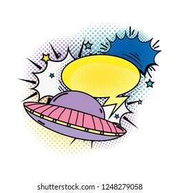 ufo flying with speech bubble pop art style