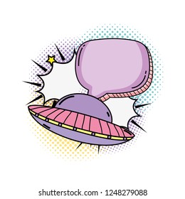 ufo flying with speech bubble pop art style