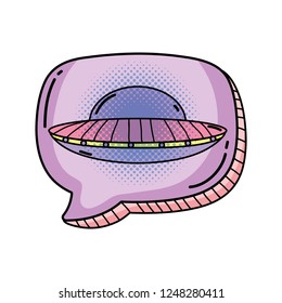 ufo flying with speech bubble pop art style