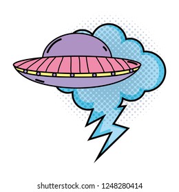 ufo flying with speech bubble pop art style