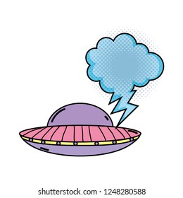ufo flying with speech bubble pop art style