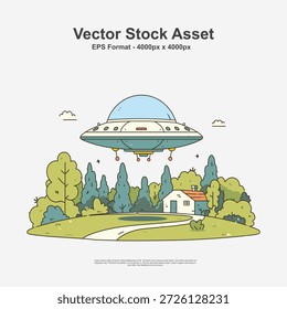 UFO flying in a wide landscape view in hand drawn doodle art style. This sci fi illustration is a clean vector design in EPS format, perfect for fantasy scenes, posters, and creative artwork.