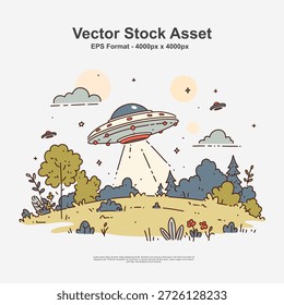 UFO flying in a wide landscape view in hand drawn doodle art style. This sci fi illustration is a clean vector design in EPS format, perfect for fantasy scenes, posters, and creative artwork.