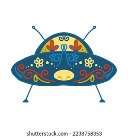 UFO in folk style with ornaments. Isolated vector image of blue, red, yellow colors.