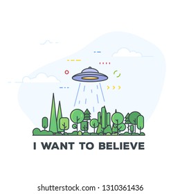 UFO in the forest enable abducting ray. Spaceship saucer flying above woods. I want to believe text. Line style vector illustration. Line style pixel perfect illustration.