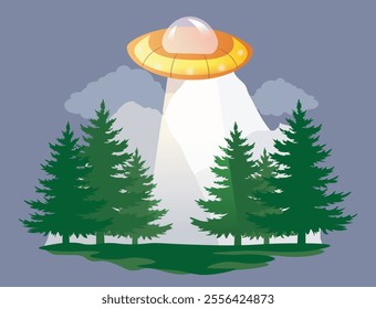 UFO in forest. Flying saucer over Christmas trees. Aliens abduct people. Ufology and astronomy. Space and cosmos. Unidentified flying object. Flat vector illustration isolated on grey background