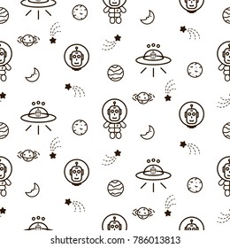 Ufo funny icon cosmic seamless vector pattern. Line style comic alien characters backgrond.