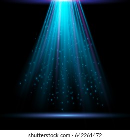 Ufo futuristic spaceship light beam in a black room. Sci-fi lamp background. Vector spotlight. Colorful ray projector. Searchlight backdrop. 