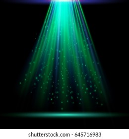 Ufo futuristic spaceship light beam in a black room. Sci-fi lamp background. Vector spotlight. Colorful ray projector. Searchlight backdrop.