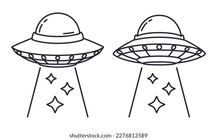 UFO Futuristic toy alien spaceship. The unknown flying object on isolated white background. Vector illustration line drawing design.