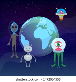 UFO game cartoon aliens with earth planet globe vector illustration. Fantastic ufo and alient futuristic persons and blue planet space war game. Travel universe game.