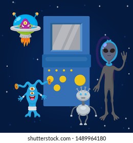 UFO game cartoon characters and spaceships with game gadget vector illustration. Fantastic rockets, ufo and alient futuristic persons. Space war and travel universe game kit.