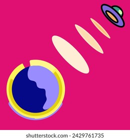 UFO give signal ray to the another planet with blue background. The vector is suitable to use for future illustration and technology poster background.