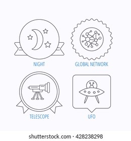 Ufo, global network and telescope icons. Night linear sign. Award medal, star label and speech bubble designs. Vector