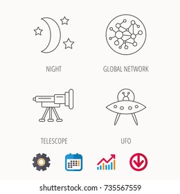 Ufo, global network and telescope icons. Night linear sign. Calendar, Graph chart and Cogwheel signs. Download colored web icon. Vector