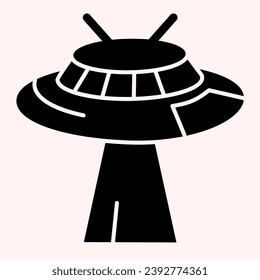 Ufo glyph icon. Flying alien spaceship with light. Astronomy vector design concept, solid style pictogram on white background, use for web and app. Eps 10