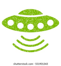 Ufo grainy textured icon for overlay watermark stamps. Flat symbol with dust texture. Dotted vector eco green ink rubber seal stamp with grunge design on a white background.