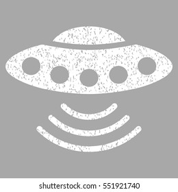 Ufo grainy textured icon for overlay watermark stamps. Flat symbol with scratched texture. Dotted vector white ink rubber seal stamp with grunge design on a silver background.