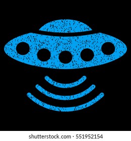 Ufo grainy textured icon for overlay watermark stamps. Flat symbol with unclean texture. Dotted vector blue ink rubber seal stamp with grunge design on a black background.