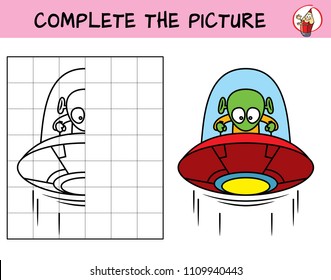 UFO with a green alien. Copy the picture. Coloring book. Educational game for children. Cartoon vector illustration