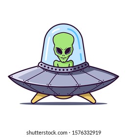 UFO with a green alien on a white background. Flat character vector illustration.