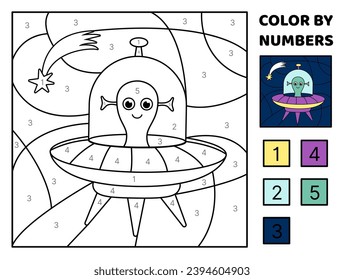 UFO. Green alien in purple flying saucer. Color by number. Space. Coloring page. Game for kids. Cartoon, vector. Isolated vector illustration eps 10