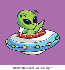 UFO and Green Alien Vector Cartoon Illustration. Space Icon Concept Isolated Premium Vector. Flat Cartoon Concept. Cute Doodle Cartoon Illustration Style. Suitable for Any Project