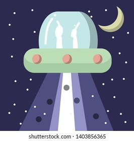 UFO Green Gray tone and blue beam with night sky and the moon flat style illustration vector