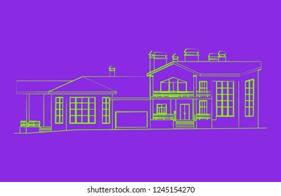 ufo green scetch of house isolated on proton purple background