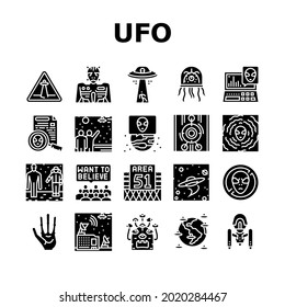 Ufo Guest Visiting Collection Icons Set Vector. Ufo Spaceship And Alien, Experimental Area Zone 51 And Laboratory, Space Station And Planet Glyph Pictograms Black Illustrations