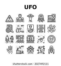 Ufo Guest Visiting Collection Icons Set Vector. Ufo Spaceship And Alien, Experimental Area Zone 51 And Laboratory, Space Station And Planet Black Contour Illustrations