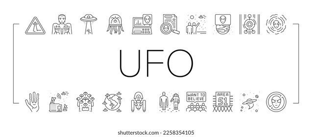 Ufo Guest Visiting Collection Icons Set Vector. Ufo Spaceship And Alien, Experimental Area Zone 51 And Laboratory, Space Station And Planet Black Contour Illustrations