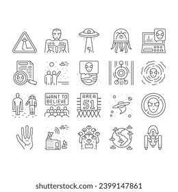 Ufo Guest Visiting Collection Icons Set Vector. Ufo Spaceship And Alien, Experimental Area Zone 51 And Laboratory, Space Station And Planet Black Contour Illustrations