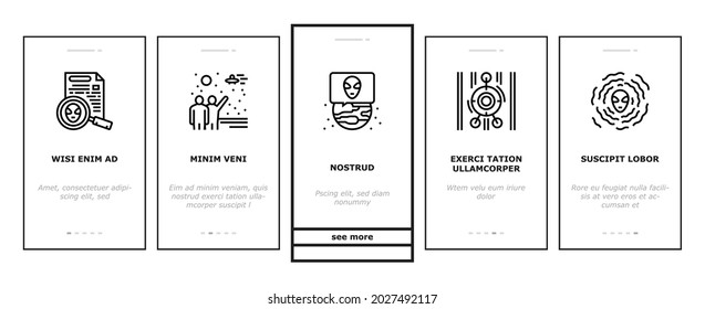 Ufo Guest Visiting Onboarding Mobile App Page Screen Vector. Ufo Spaceship And Alien, Experimental Area Zone 51 And Laboratory, Space Station And Planet Illustrations